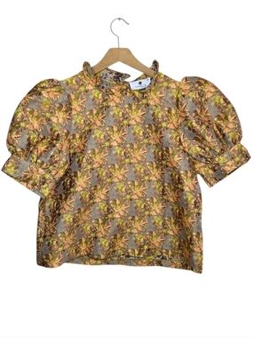 Everyday Chic Boutique Tapestry Floral Mock Neck Puff Sleeve Top Size Medium
